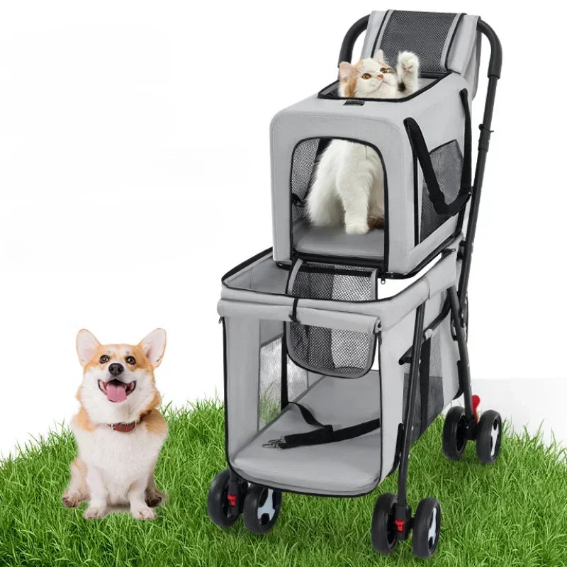 Double-Layer Foldable Pet Stroller — Lightweight Ventilated Travel Cart for Cats & Dogs | Black & Gray