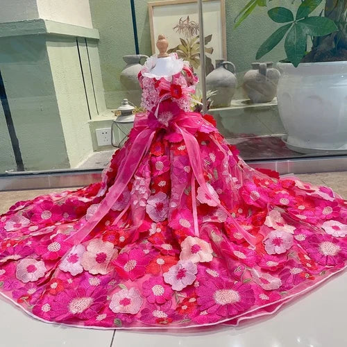 Luxury High-end Rose Red Pet Dog Clothes Handmade Sunflower Embroidery Long Tail Lace Princess Dress For Small Medium Dog Poodle Fashioned Furbabies