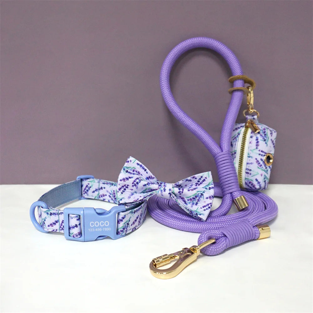 Luxury Bow Dog Collar Set | Cotton & Polyester | XS–XL | With Leash & Poop Bag