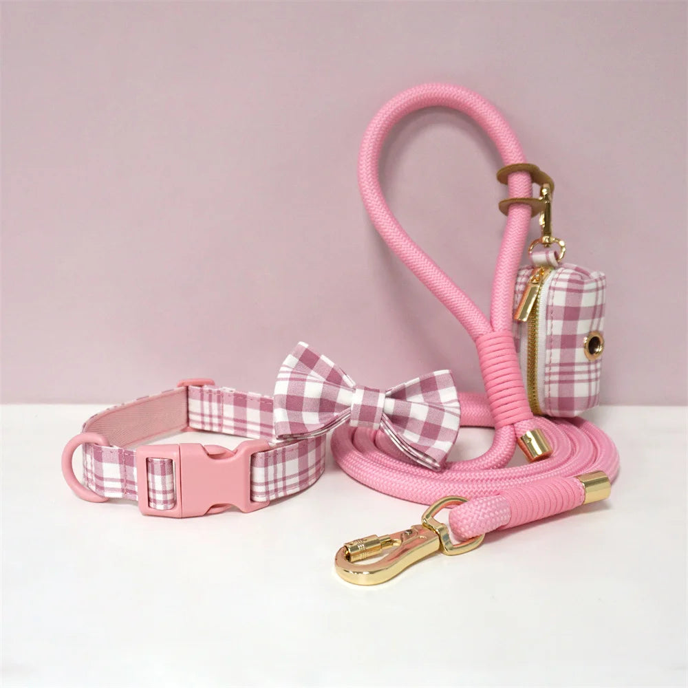 Luxury Bow Dog Collar Set | Cotton & Polyester | XS–XL | With Leash & Poop Bag
