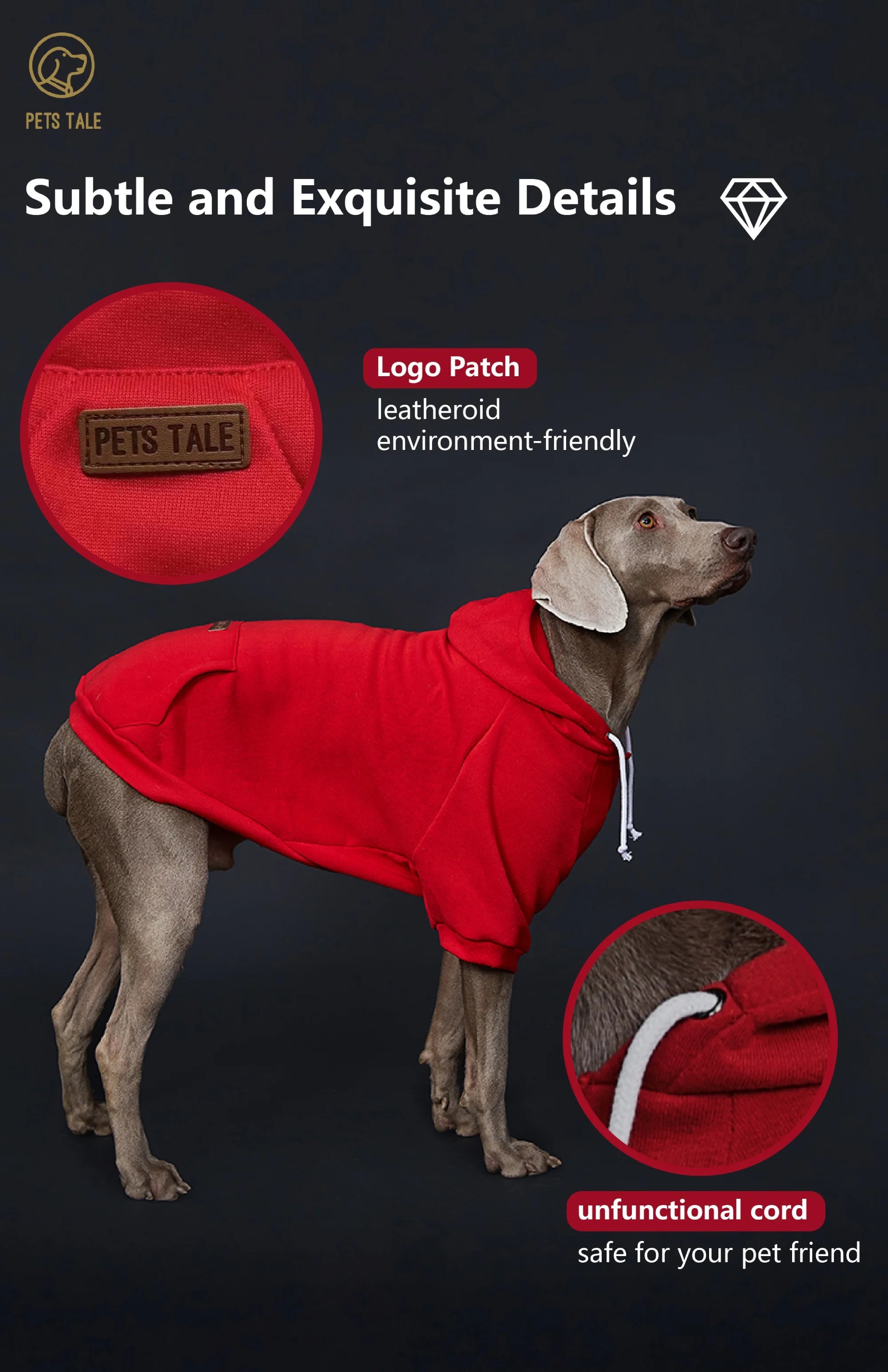 Dog Hoodie with Pocket, Leather Patch, Hook and Loop Fastener Collar -