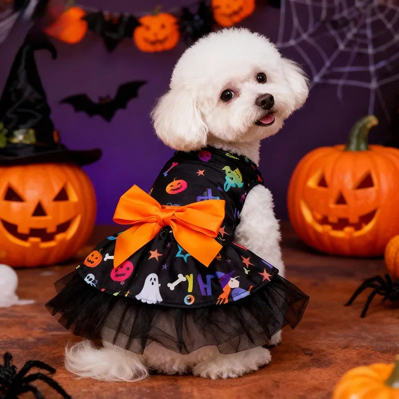 Halloween Puff Skirt for Dogs | Pumpkin & Skull Print Tutu Dress for Small & Medium Dogs S–XL