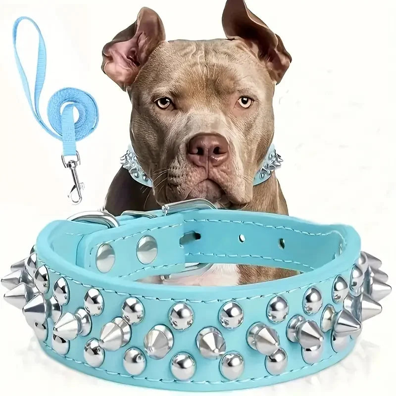 Spiked Rivet Leather Dog Collar & Leash Set | Adjustable | Outdoor Walking
