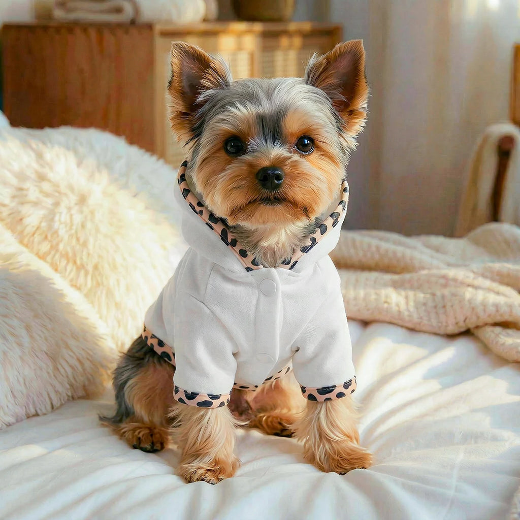 "Mom's Little Baby" Dog Hoodie Cardigan — White Leopard Print Embroidered Sweater for Small Dogs | XS–XL