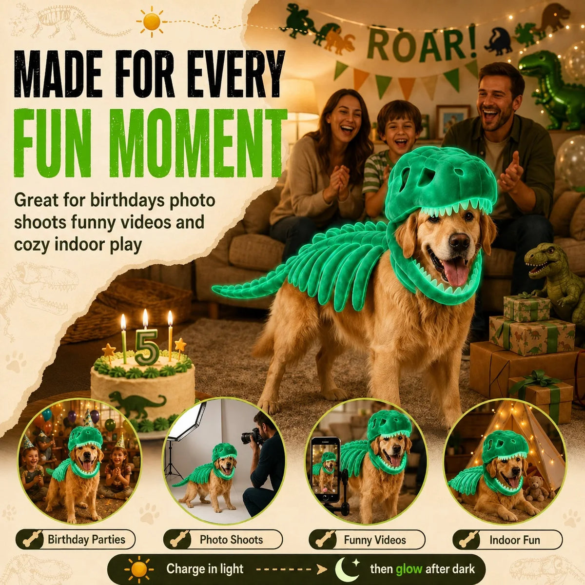 Halloween Dinosaur Skeleton Pet Costume | Plush Over-the-Head Cosplay for Dogs & Cats