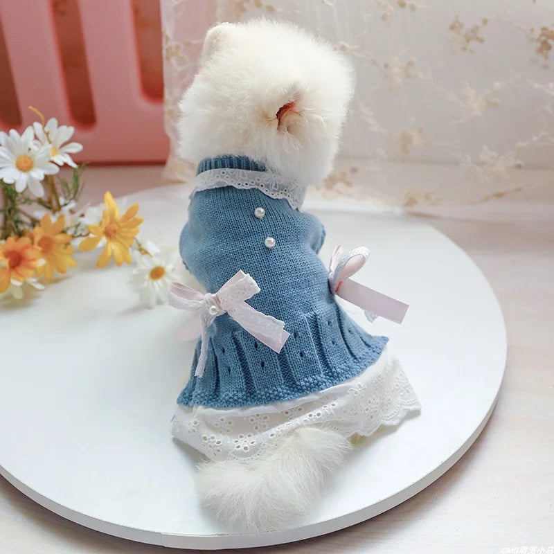 Wool Princess Skirt Sweater Dress — Elastic Waist Autumn Outfit for Small Dogs & Cats | Blue | XS–XL