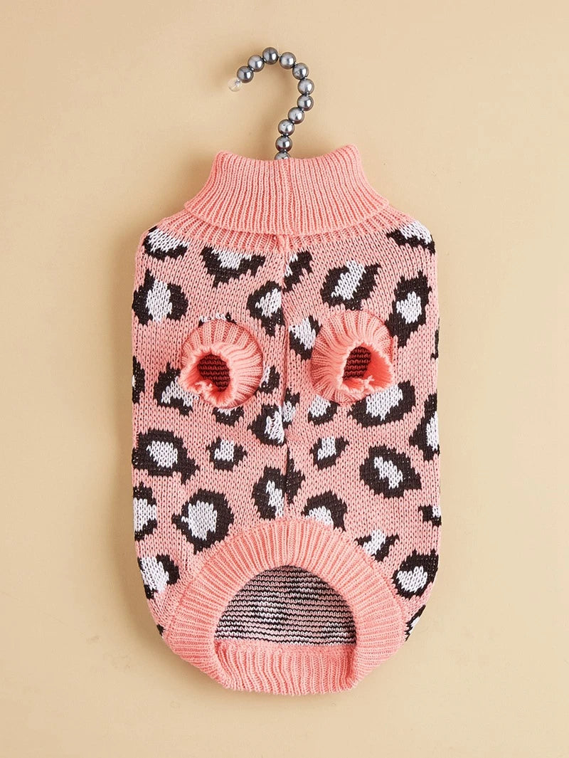 Leopard Print Dog Sweater Overalls — Soft Knit Winter Hoodie for Small Dogs & Cats | XS–L