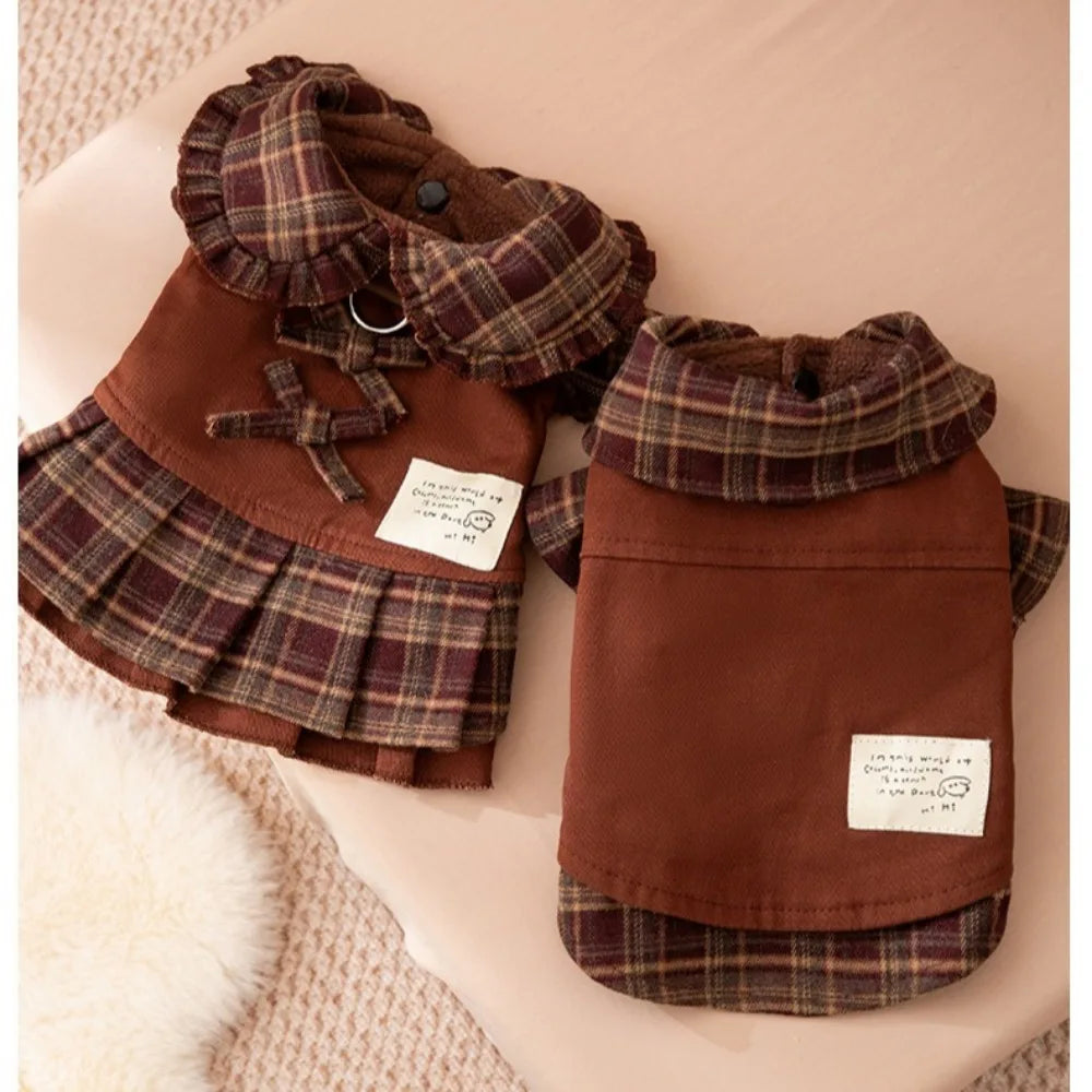 Autumn and Winter Pet Plaid Couple Outfit Thin Dress Hoodie Cat Teddy Jacket Dog Dresses for Small Dogs Puppy Clothes