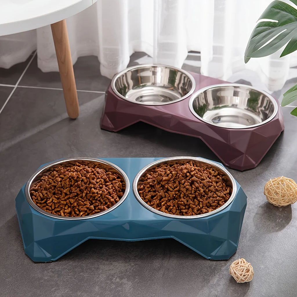 Stainless Steel Double Pet Bowl — Non-Slip Diamond Pattern Food & Water Feeder for Dogs & Cats