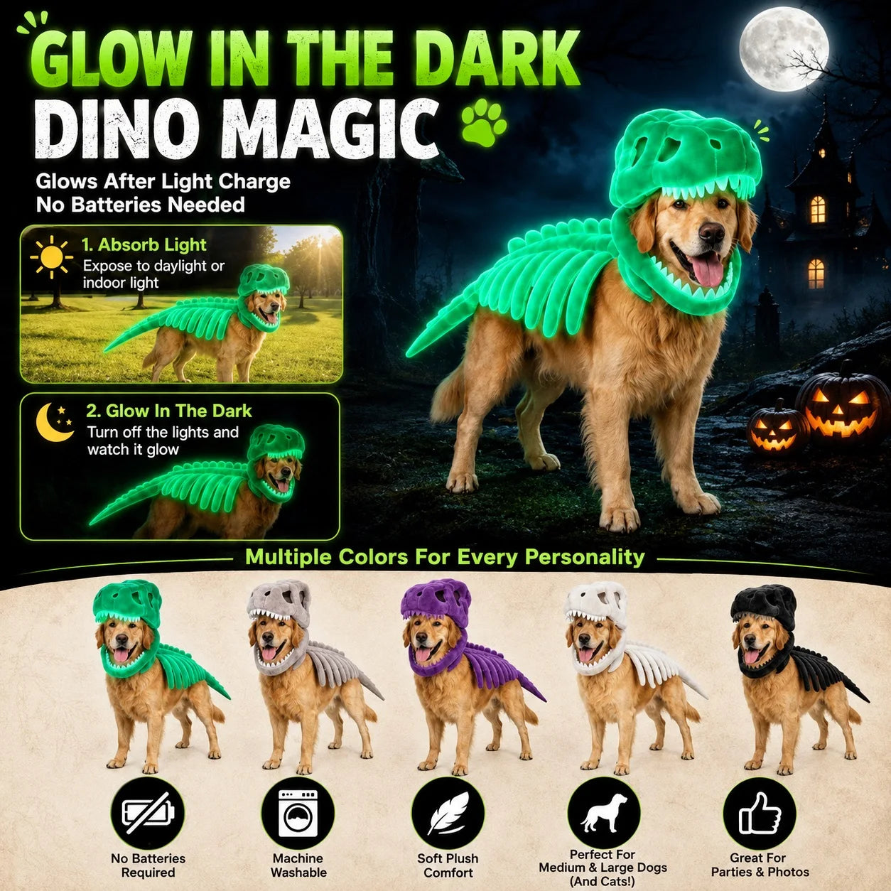 Halloween Dinosaur Skeleton Pet Costume | Plush Over-the-Head Cosplay for Dogs & Cats