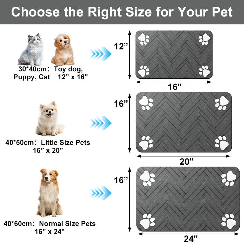 Absorbent Pet Feeding Mat — Non-Slip Waterproof Placemat for Dog & Cat Food and Water Bowls | 3 Sizes | 3 Styles