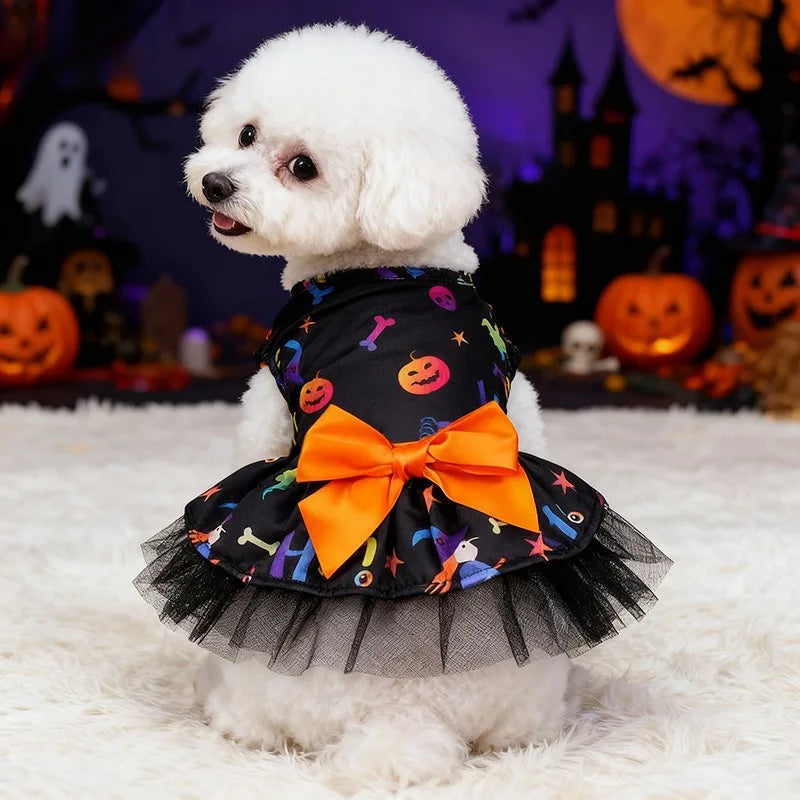 Halloween Puff Skirt for Dogs | Pumpkin & Skull Print Tutu Dress for Small & Medium Dogs S–XL