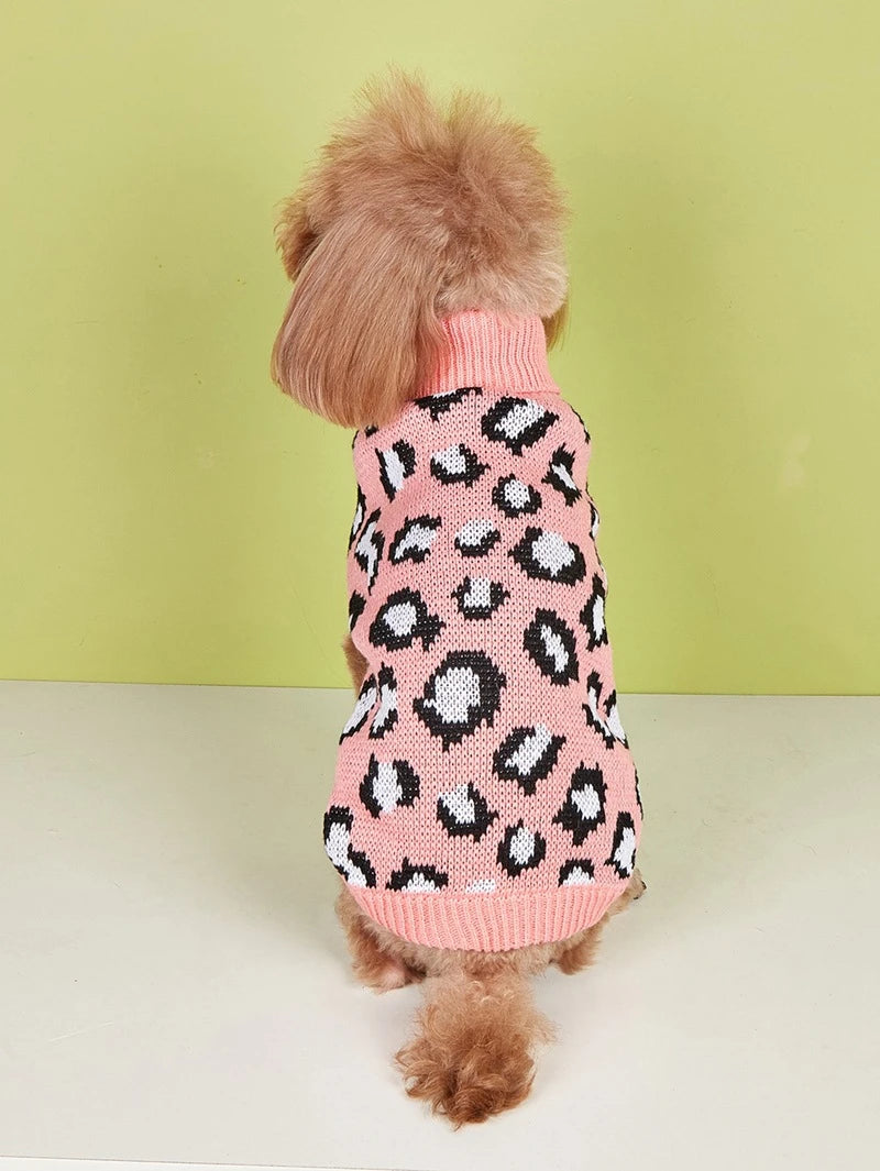 Leopard Print Dog Sweater Overalls — Soft Knit Winter Hoodie for Small Dogs & Cats | XS–L