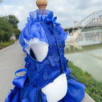 High-end Luxury Pet Clothes Fashion Royal Blue Handmade Lace Flower Bow Long Tail Princess Dress For Small Medium Dog Puppy Coat Fashioned Furbabies