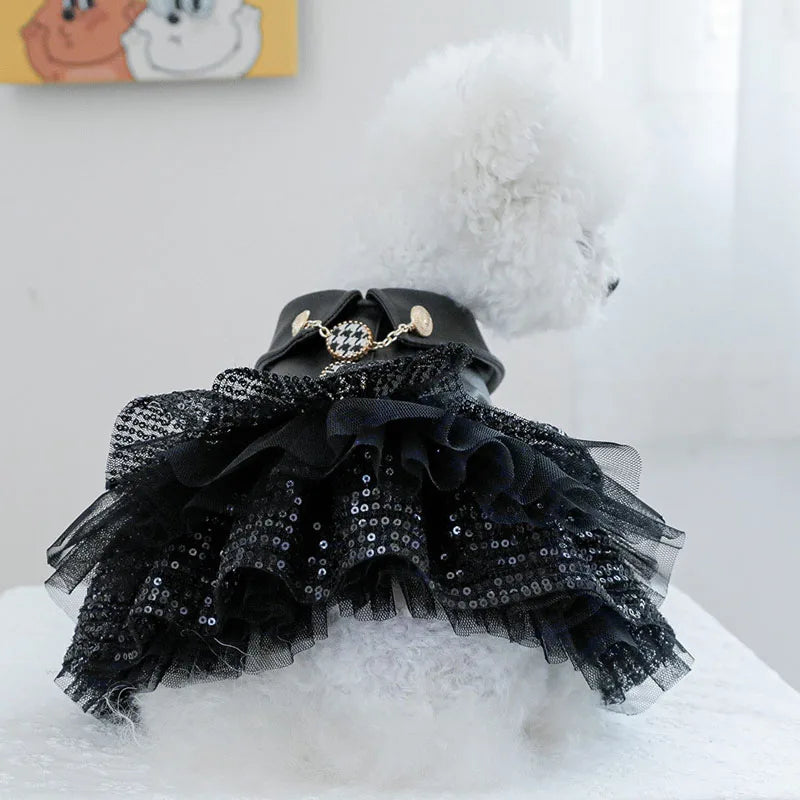 Dog Clothes Autumn Winter Luxury Black PU Leather Dog Coat Clothing For Small Dogs Chihuahua Sequins Tulle Skirt Coats Jacket XS Fashioned Furbabies