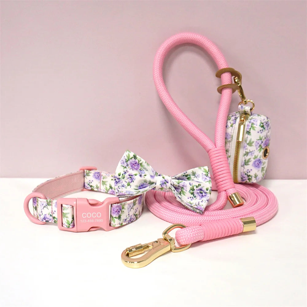 Luxury Bow Dog Collar Set | Cotton & Polyester | XS–XL | With Leash & Poop Bag