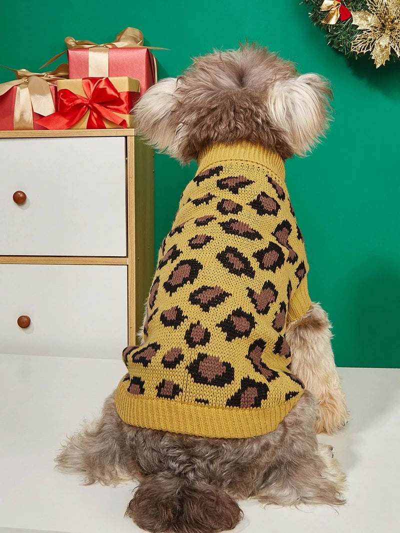Leopard Print Dog Sweater Overalls — Soft Knit Winter Hoodie for Small Dogs & Cats | XS–L