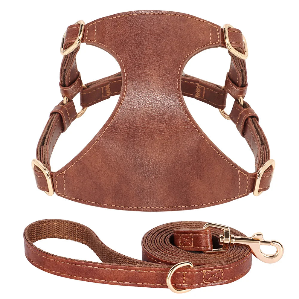 Soft Genuine Leather Dog Harness Leash Set Small Medium Dogs Cats Harness Vest For Chihuahua French Bulldog Walking Training Fashioned Furbabies