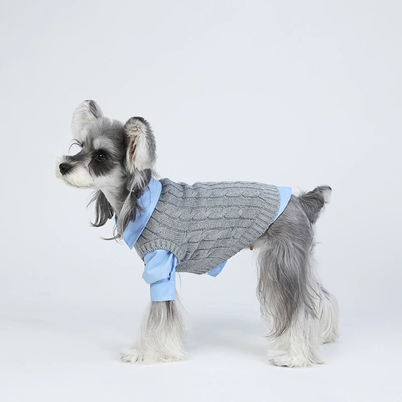 Cute Gray Pet Spring Autumn Dog Clothes Knitted Dog Cat Vest With Shirts 2 Pcs Clothing Set Fashioned Furbabies