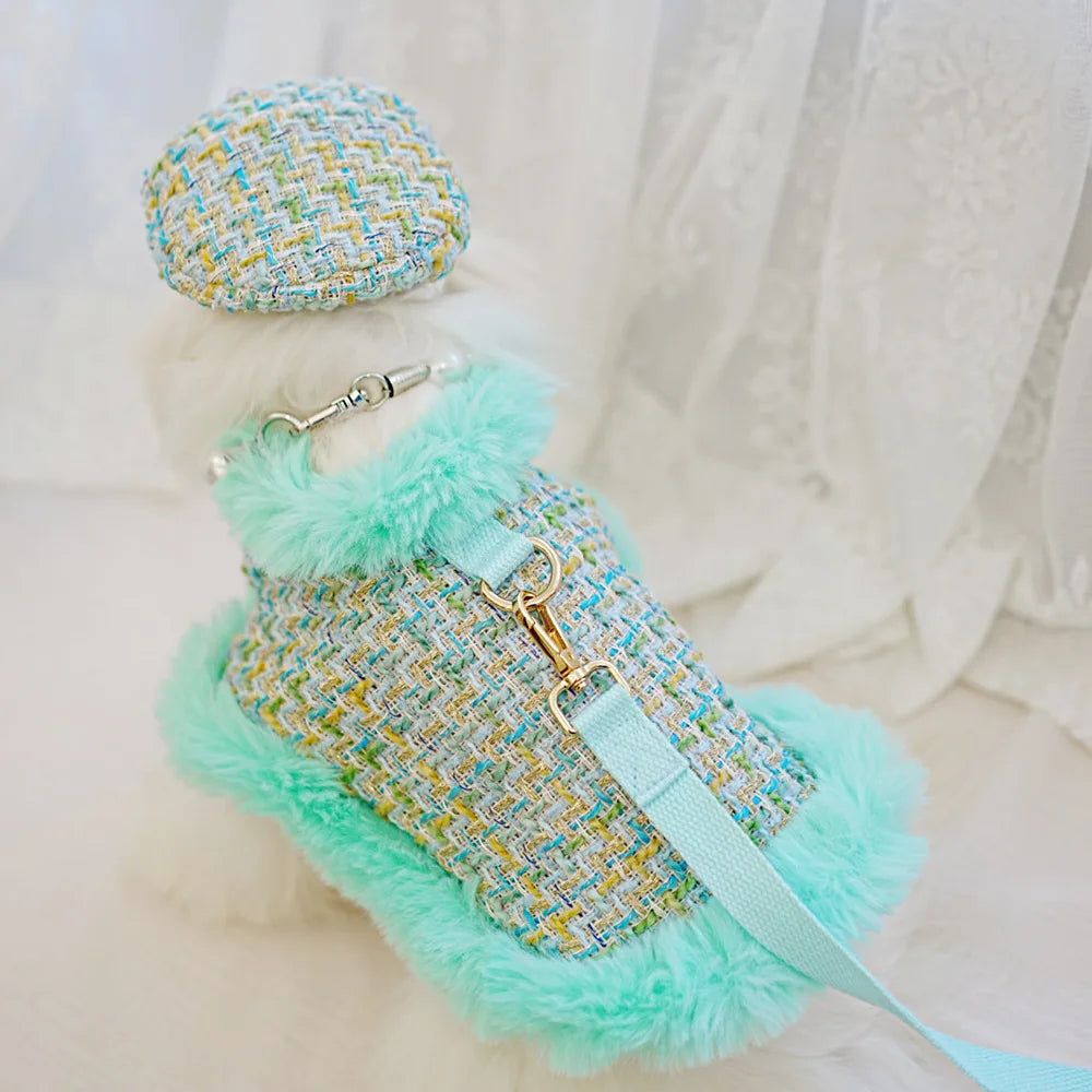 Classic Dog Winter Clothes Dog Harness Outfit For Girls Fragrant Cloak Princess Puppy Cats Chest And Back Traction For Small Dog