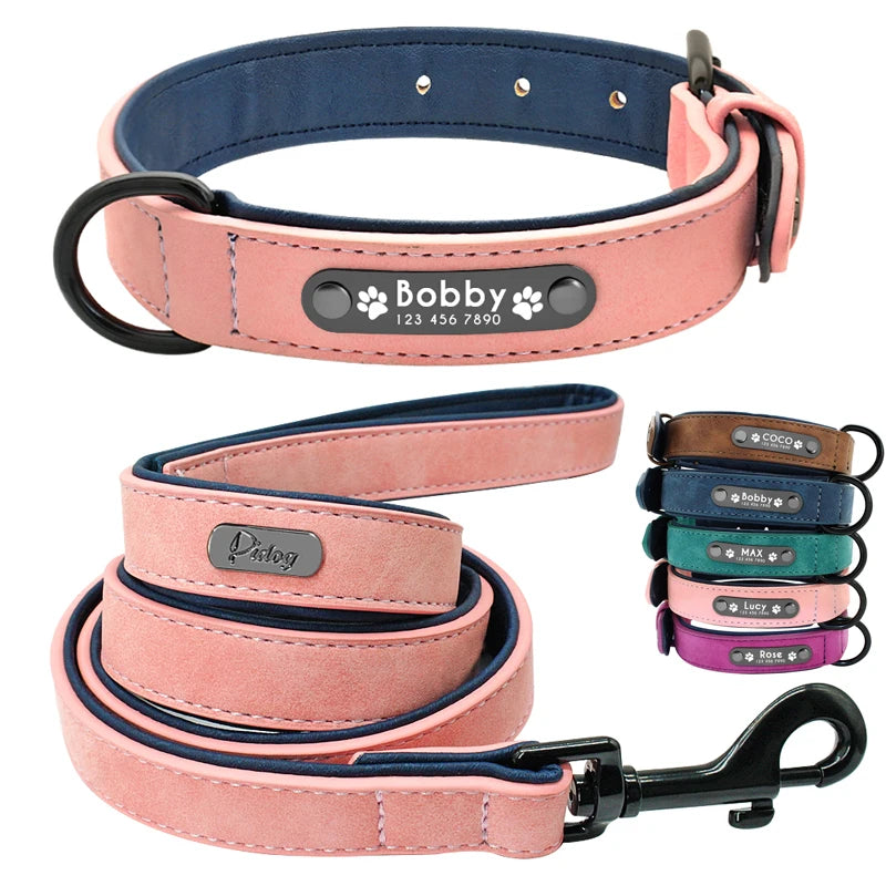 Leather Dog Collar Leash Custom Durable Leather Pet Collars and Leashes Walking Leads Strap Cusomized for Small Medium Large Dog Fashioned Furbabies