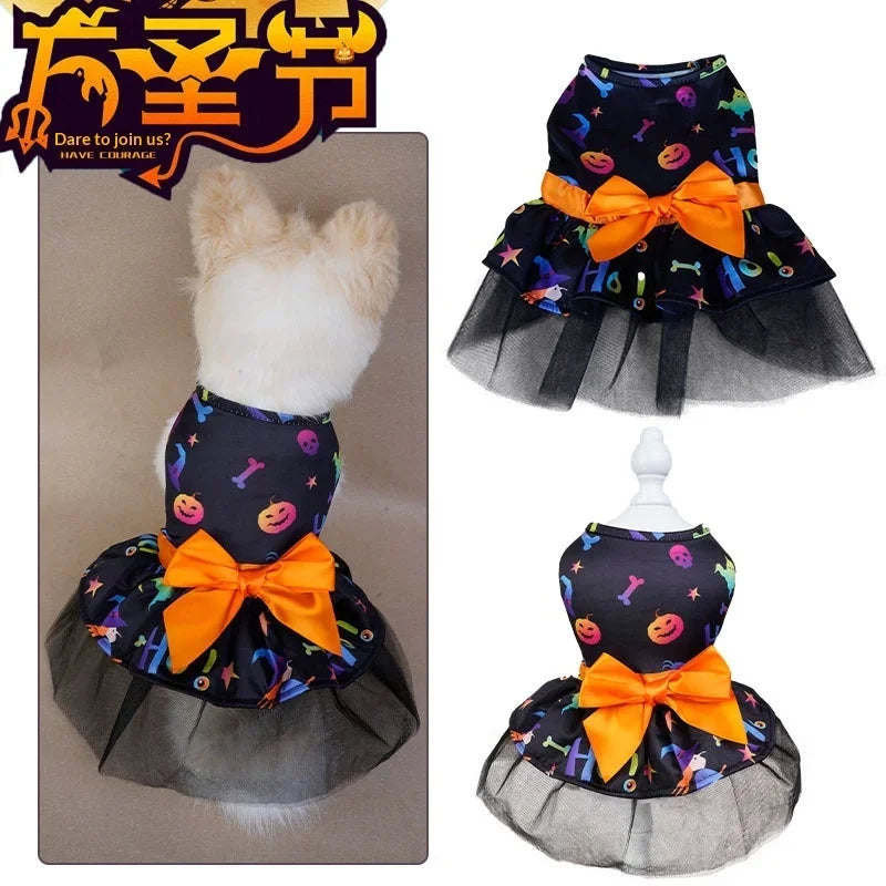 Halloween Puff Skirt for Dogs | Pumpkin & Skull Print Tutu Dress for Small & Medium Dogs S–XL