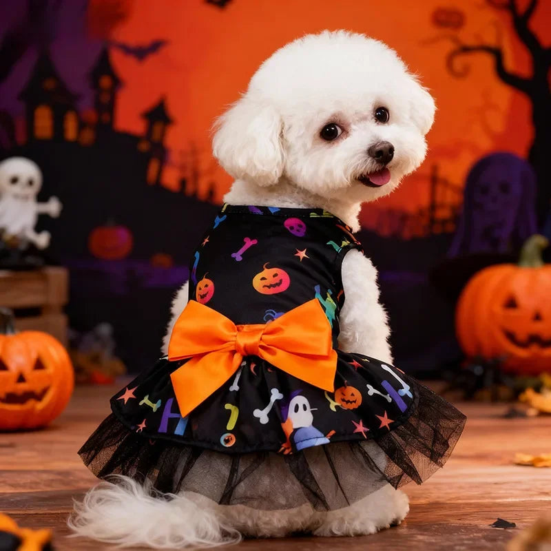 Halloween Puff Skirt for Dogs | Pumpkin & Skull Print Tutu Dress for Small & Medium Dogs S–XL