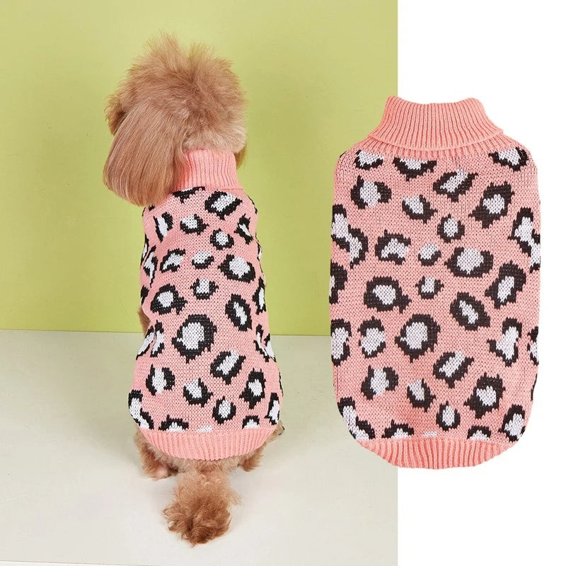 Leopard Print Dog Sweater Overalls — Soft Knit Winter Hoodie for Small Dogs & Cats | XS–L