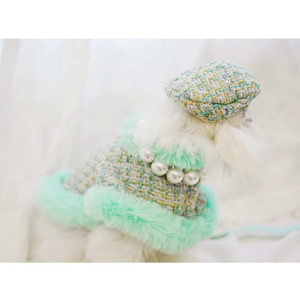 Classic Dog Winter Clothes Dog Harness Outfit For Girls Fragrant Cloak Princess Puppy Cats Chest And Back Traction For Small Dog