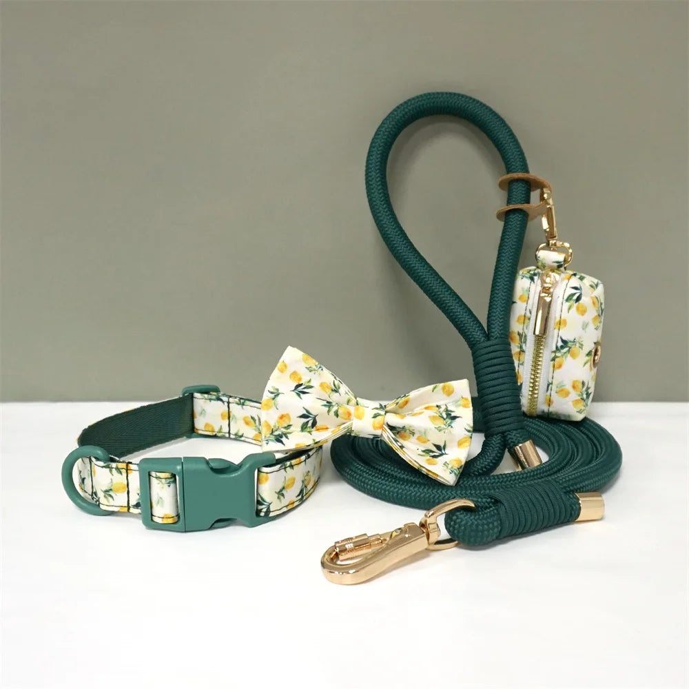 Luxury Bow Dog Collar Set | Cotton & Polyester | XS–XL | With Leash & Poop Bag