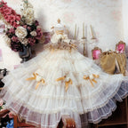 Luxury Champagne Pet Dog Clothes Fine Handmade Lace Flower Bow Tong Tail Princess Dress For Small Medium Dog Party Outfits Puppy Fashioned Furbabies