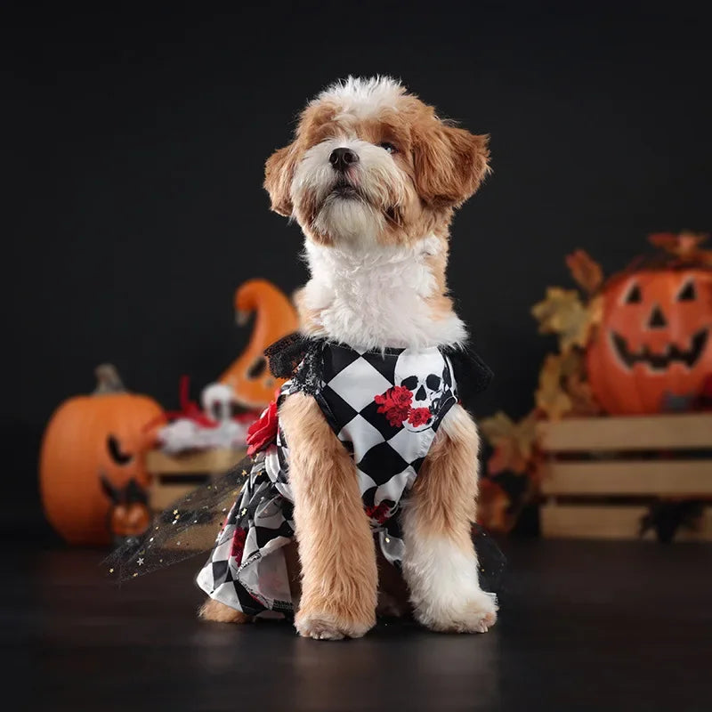 Halloween Checkered Pet Dress | Skull & Floral Costume Dress for Small & Medium Dogs S–XL