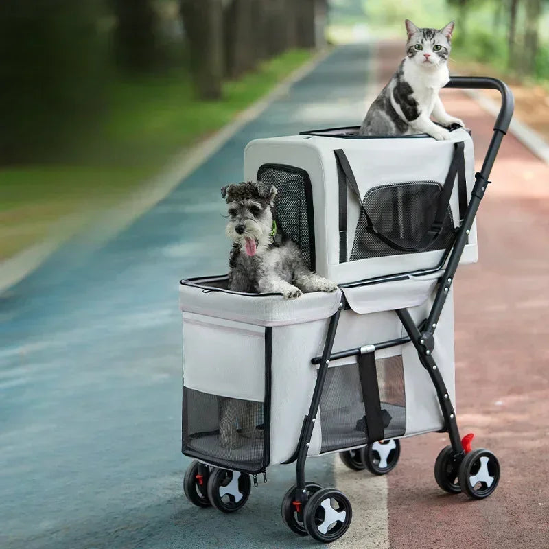 Double-Layer Foldable Pet Stroller — Lightweight Ventilated Travel Cart for Cats & Dogs | Black & Gray