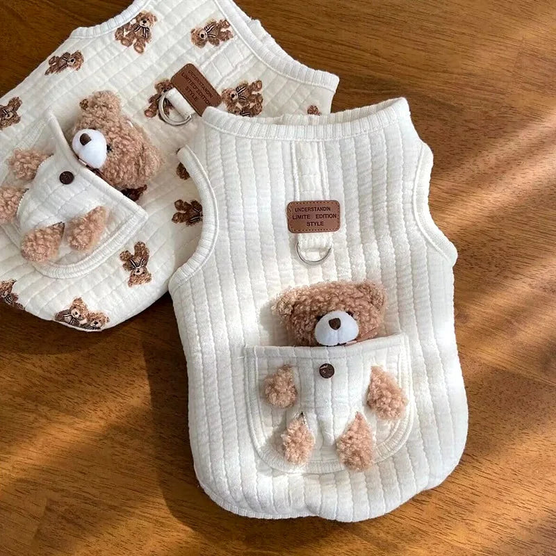 Cartoon Soft Cotton Dog Vest Shirt — Harness-Style Top for Small Dogs & Cats | Bear & White | XS–XL