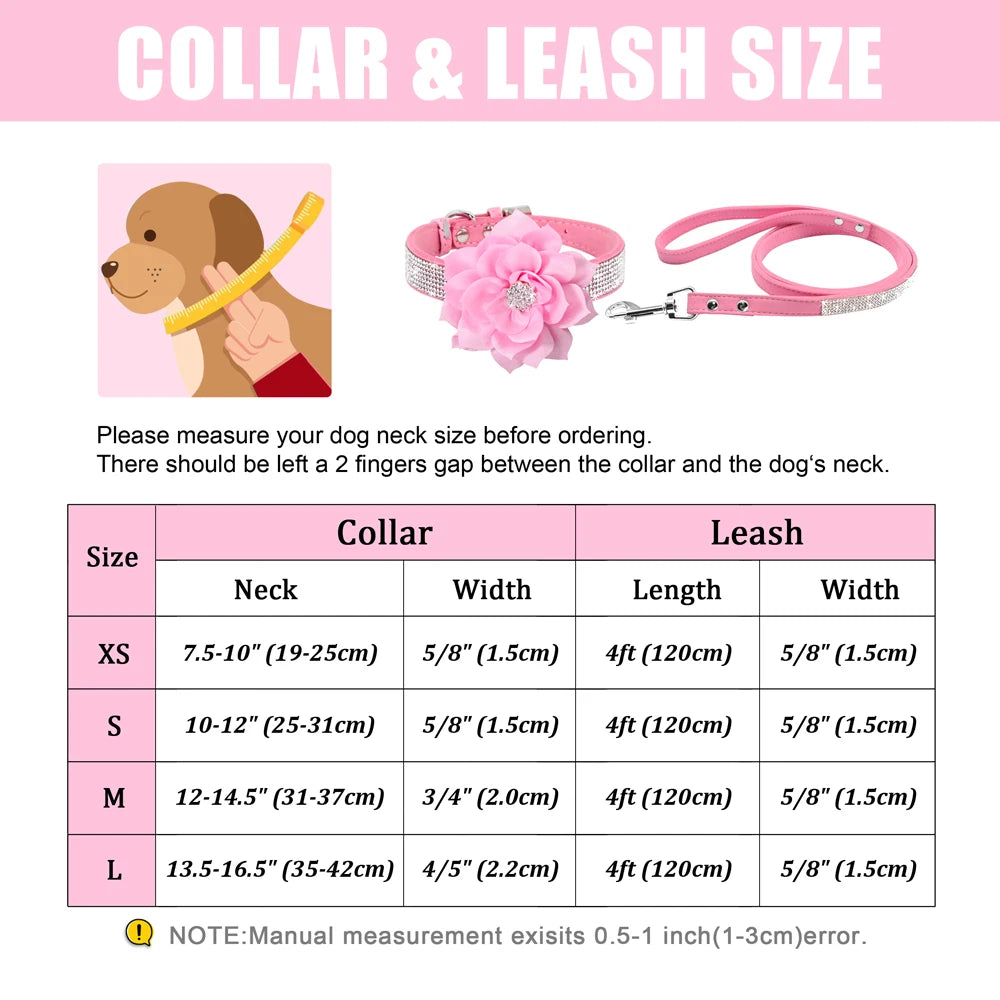 Rhinestone Dog Collar — Glitter Floral Suede Leather Collar & Optional 4ft Leash Set | Black, Blue, Pink & Purple | XS–L