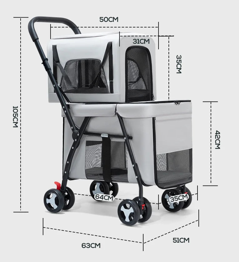 Double-Layer Foldable Pet Stroller — Lightweight Ventilated Travel Cart for Cats & Dogs | Black & Gray