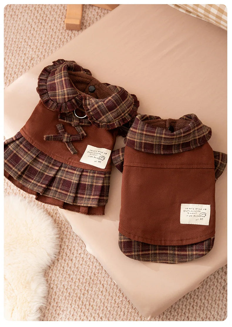 Autumn and Winter Pet Plaid Couple Outfit Thin Dress Hoodie Cat Teddy Jacket Dog Dresses for Small Dogs Puppy Clothes