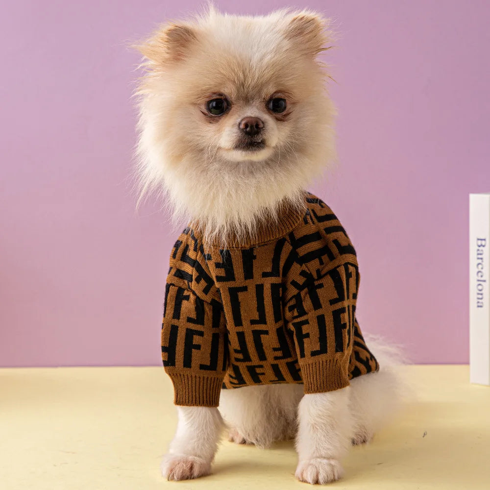 Luxury F Letter Dog Sweater — Designer-Inspired Cotton Knit for Small Dogs | XS–2XL