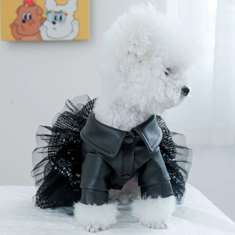 Dog Clothes Autumn Winter Luxury Black PU Leather Dog Coat Clothing For Small Dogs Chihuahua Sequins Tulle Skirt Coats Jacket XS Fashioned Furbabies