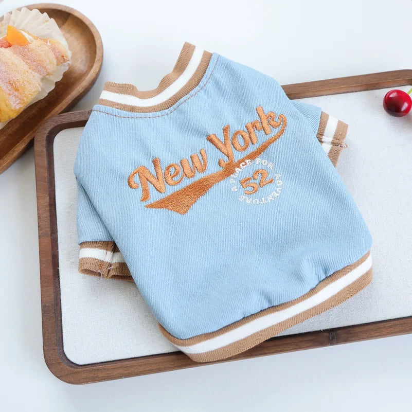 New York Denim Baseball Dog Shirt — Sporty Jean Pullover for Small Dogs | XS–XL