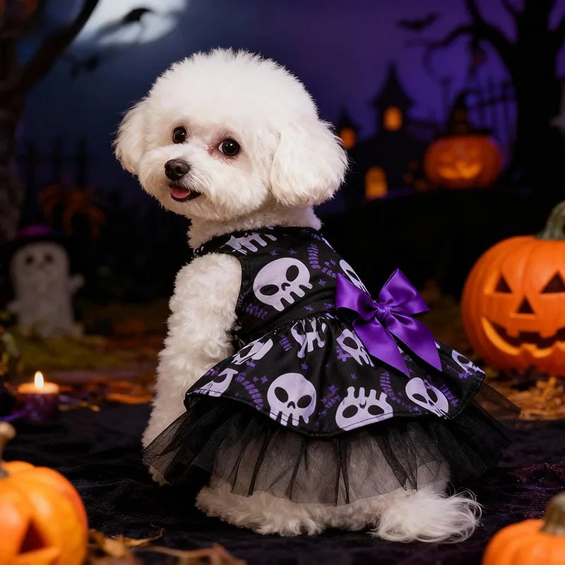 Halloween Puff Skirt for Dogs | Pumpkin & Skull Print Tutu Dress for Small & Medium Dogs S–XL