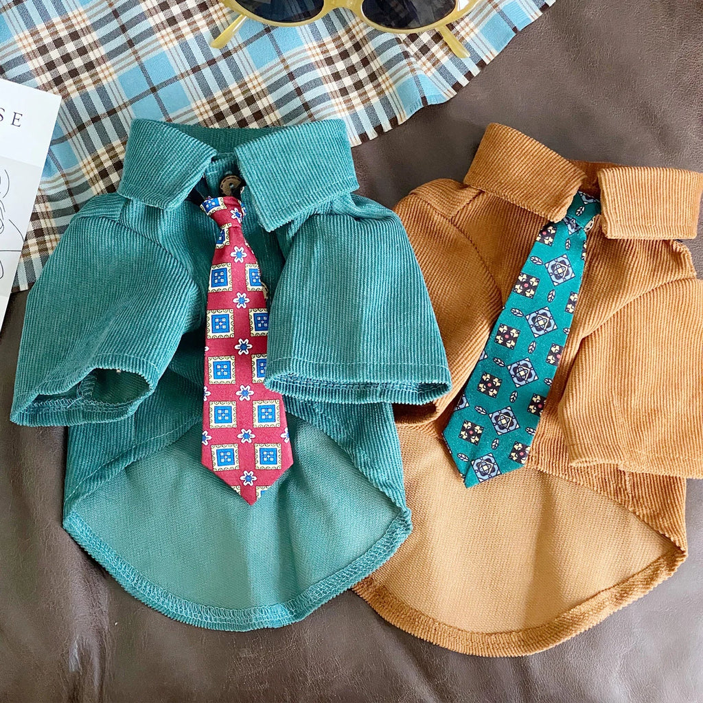 Autumn Pet Dog Clothes Retro Blue Brown Pure Shirts With Tie For Small Medium Dogs Poodle Schnauzer Male Dog T-shirt Coats Fashioned Furbabies