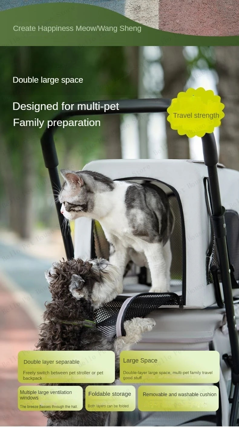 Double-Layer Foldable Pet Stroller — Lightweight Ventilated Travel Cart for Cats & Dogs | Black & Gray