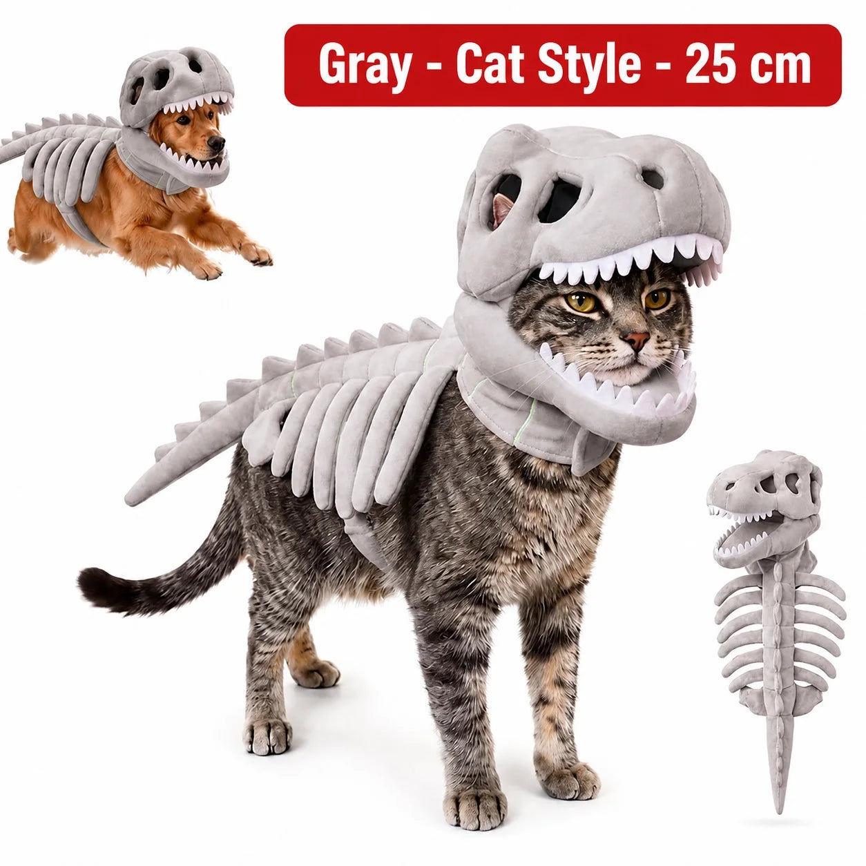 Halloween Dinosaur Skeleton Pet Costume | Plush Over-the-Head Cosplay for Dogs & Cats