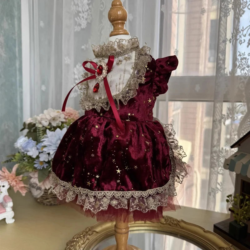 Wine Red Velvet Dog Dress - Handmade Crystal Bow Gown