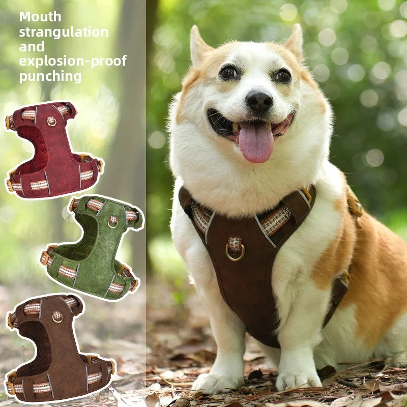 Retro leather pet chest strap, explosion-proof, reflective dog chest and back, breathable and adjustable Fashioned Furbabies
