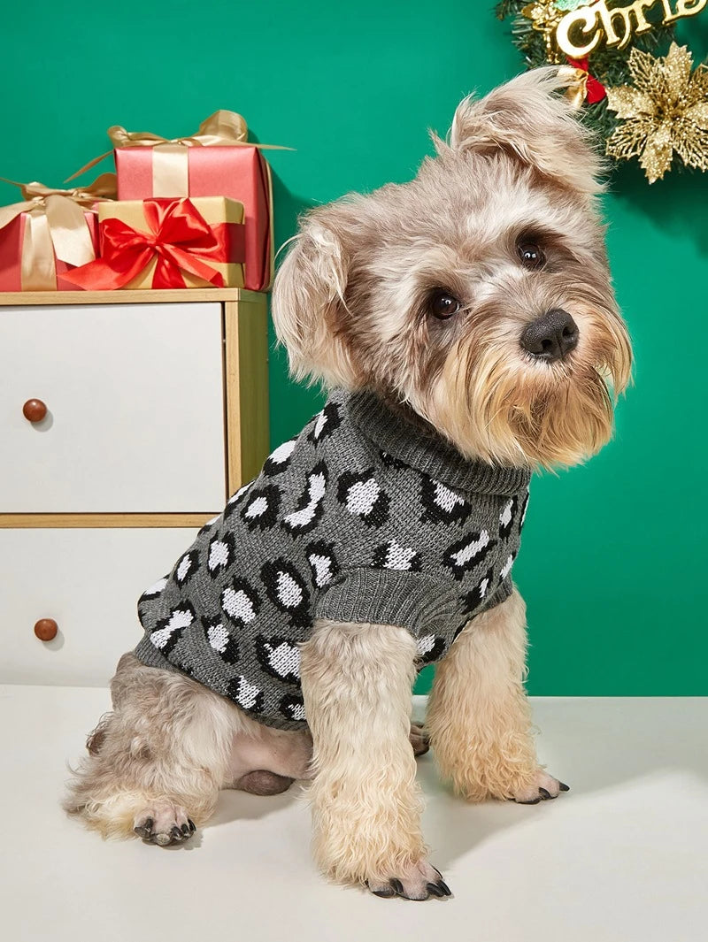 Leopard Print Dog Sweater Overalls — Soft Knit Winter Hoodie for Small Dogs & Cats | XS–L