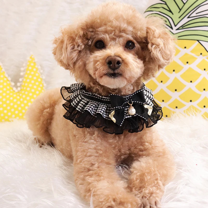 Pet Dog Accessories Cute Puppy Cat Collars Black White Lace Pearl Bow Bibs For Small Medium Dog Jewelry Supplies Chihuahua Teddy Fashioned Furbabies