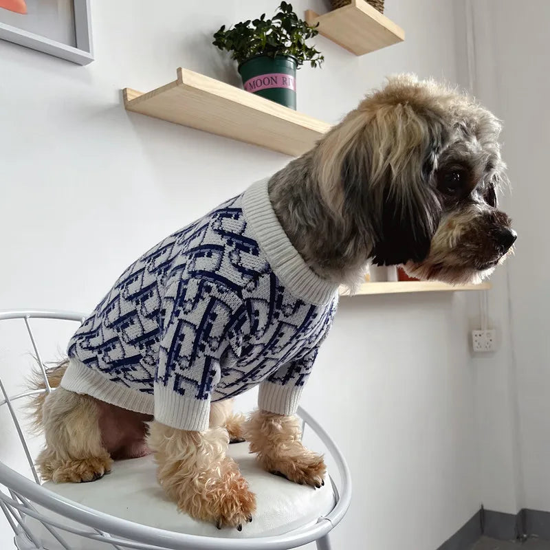 Designer Monogram Dog Sweater — Thickened Knit Round Neck Pullover for Small Dogs & Cats | S–XXL