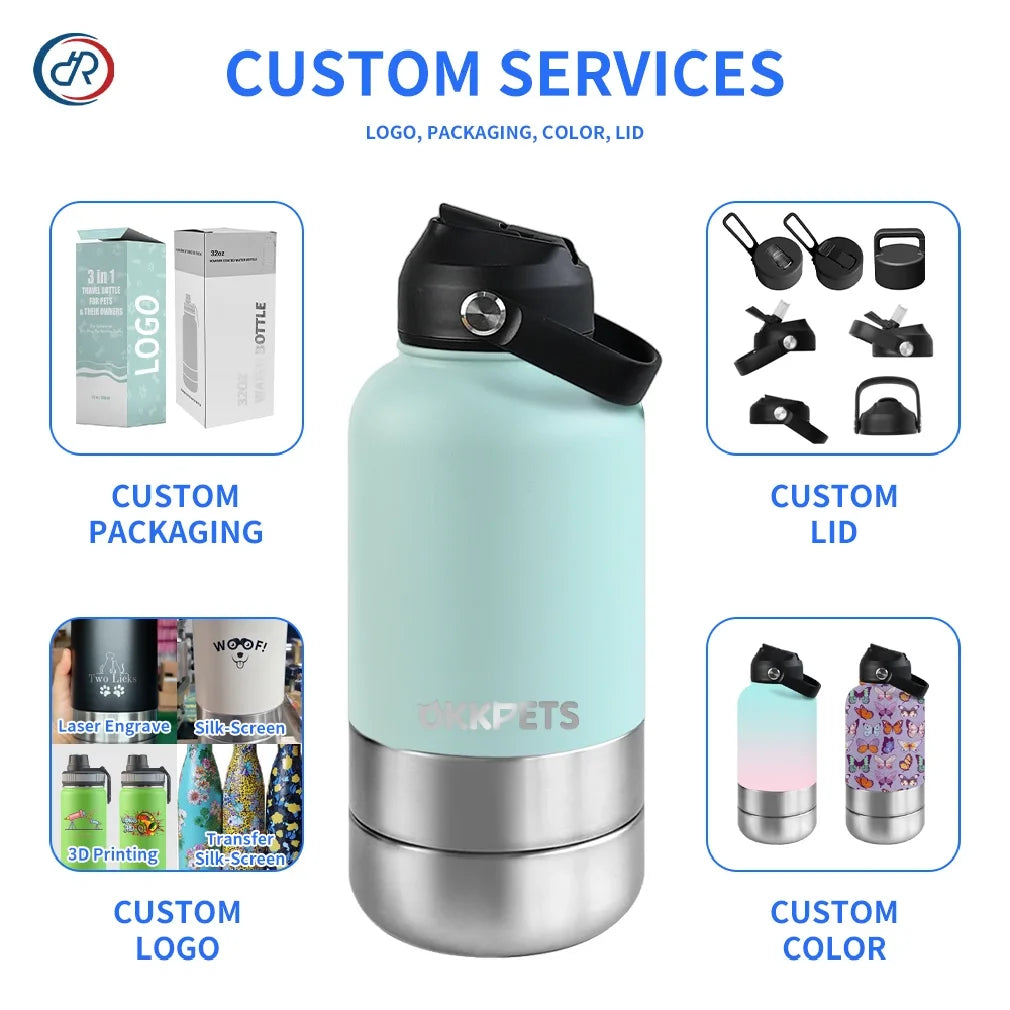 3-in-1 Insulated Dog Water Bottle with Detachable Food & Water Bowls — 32oz Stainless Steel Travel Feeder